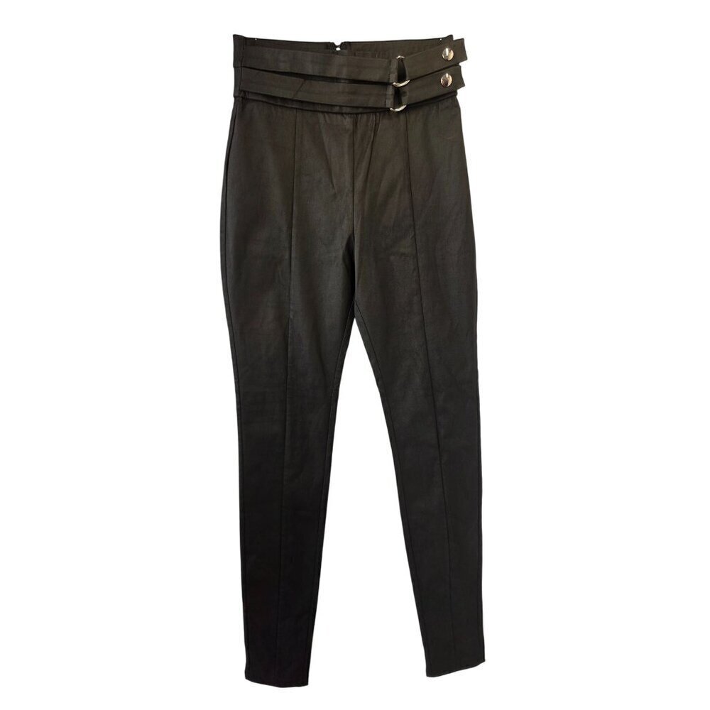Tiger Mist High Rise Black Waxed Cotton Stretch Pants Size XS Skinny Belted NEW